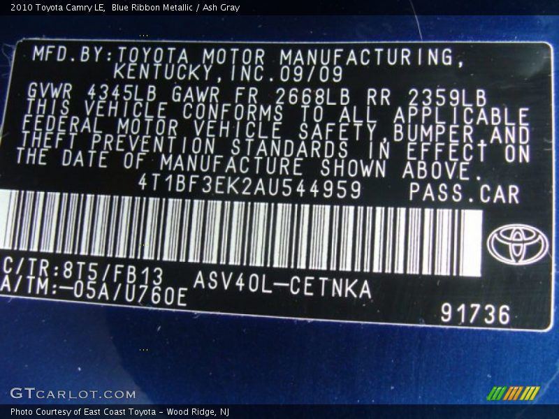 Blue Ribbon Metallic / Ash Gray 2010 Toyota Camry LE