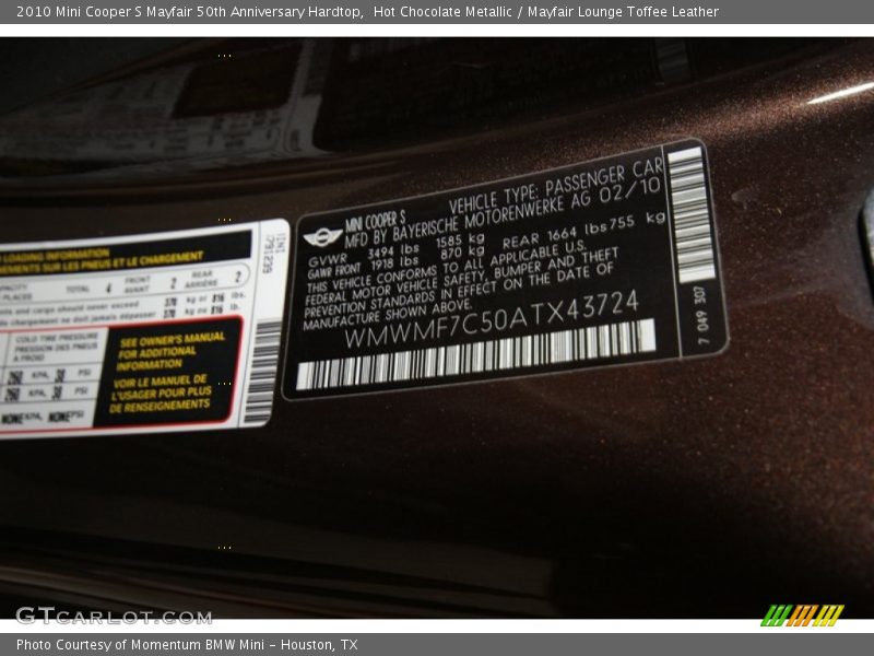Hot Chocolate Metallic / Mayfair Lounge Toffee Leather 2010 Mini Cooper S Mayfair 50th Anniversary Hardtop