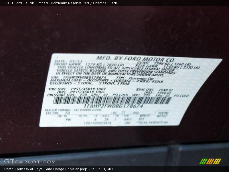 Bordeaux Reserve Red / Charcoal Black 2011 Ford Taurus Limited