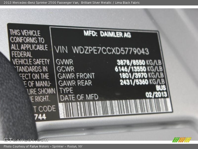 2013 Sprinter 2500 Passenger Van Brilliant Silver Metallic Color Code 9744