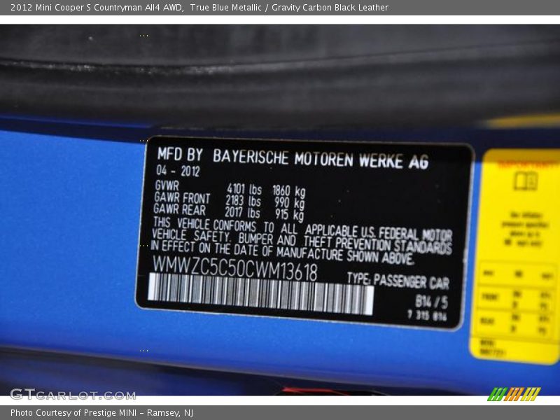 True Blue Metallic / Gravity Carbon Black Leather 2012 Mini Cooper S Countryman All4 AWD