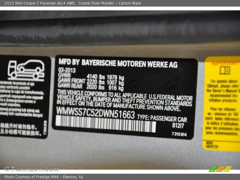 Crystal Silver Metallic / Carbon Black 2013 Mini Cooper S Paceman ALL4 AWD