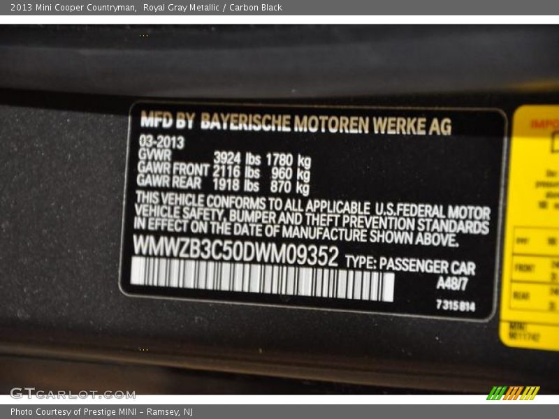 Royal Gray Metallic / Carbon Black 2013 Mini Cooper Countryman