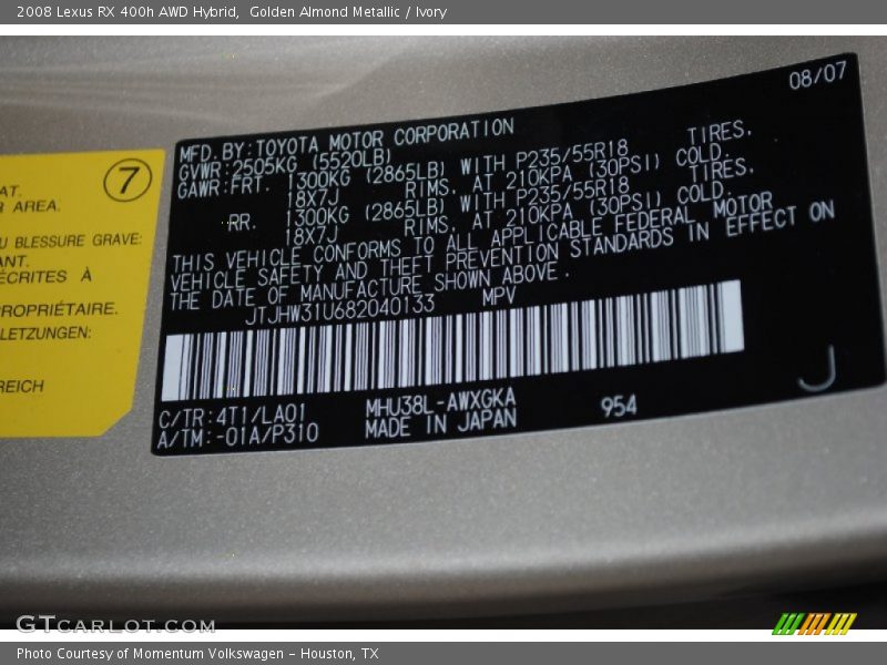 2008 RX 400h AWD Hybrid Golden Almond Metallic Color Code 4T1