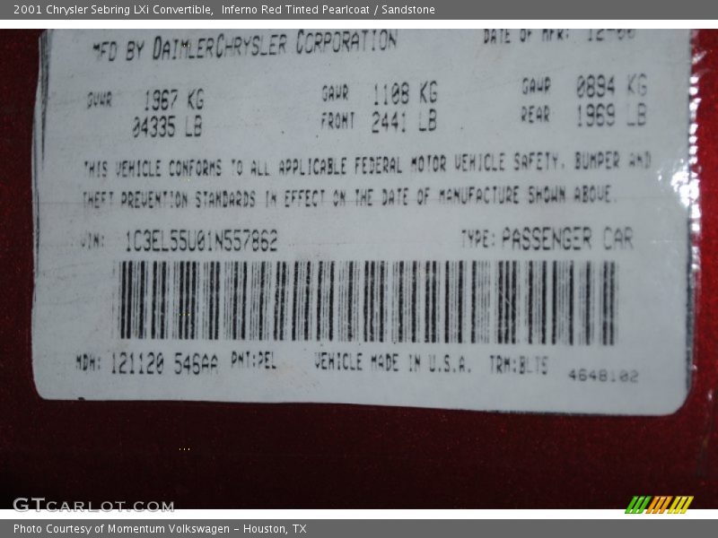 Inferno Red Tinted Pearlcoat / Sandstone 2001 Chrysler Sebring LXi Convertible