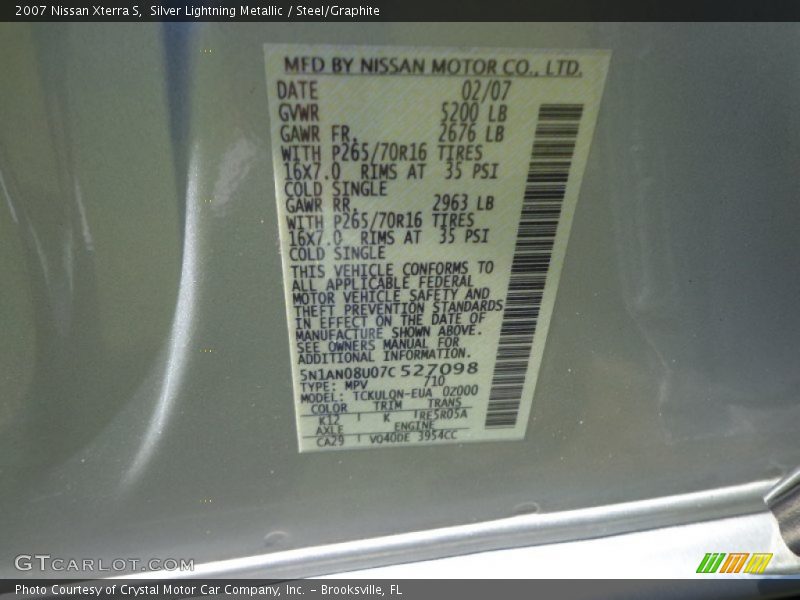 Silver Lightning Metallic / Steel/Graphite 2007 Nissan Xterra S