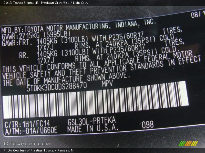 Predawn Gray Mica / Light Gray 2013 Toyota Sienna LE