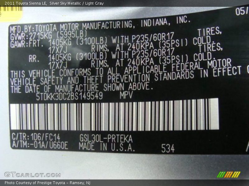 Silver Sky Metallic / Light Gray 2011 Toyota Sienna LE