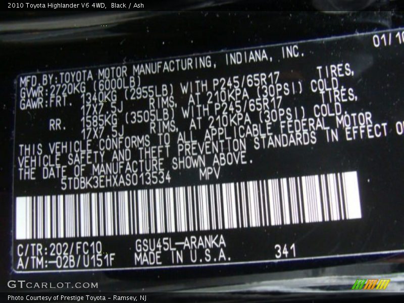 Black / Ash 2010 Toyota Highlander V6 4WD