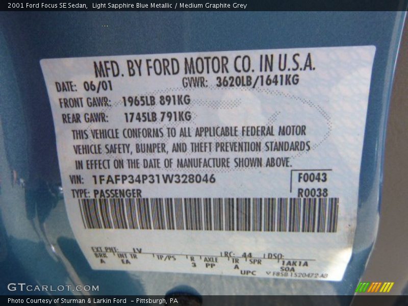 2001 Focus SE Sedan Light Sapphire Blue Metallic Color Code LV