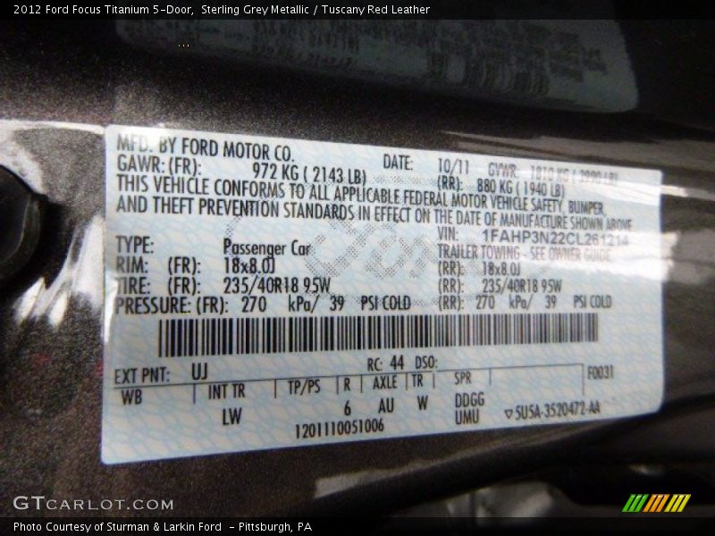 2012 Focus Titanium 5-Door Sterling Grey Metallic Color Code UJ