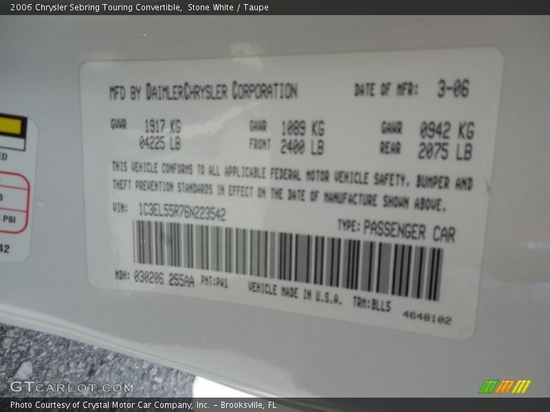 2006 Sebring Touring Convertible Stone White Color Code PW1