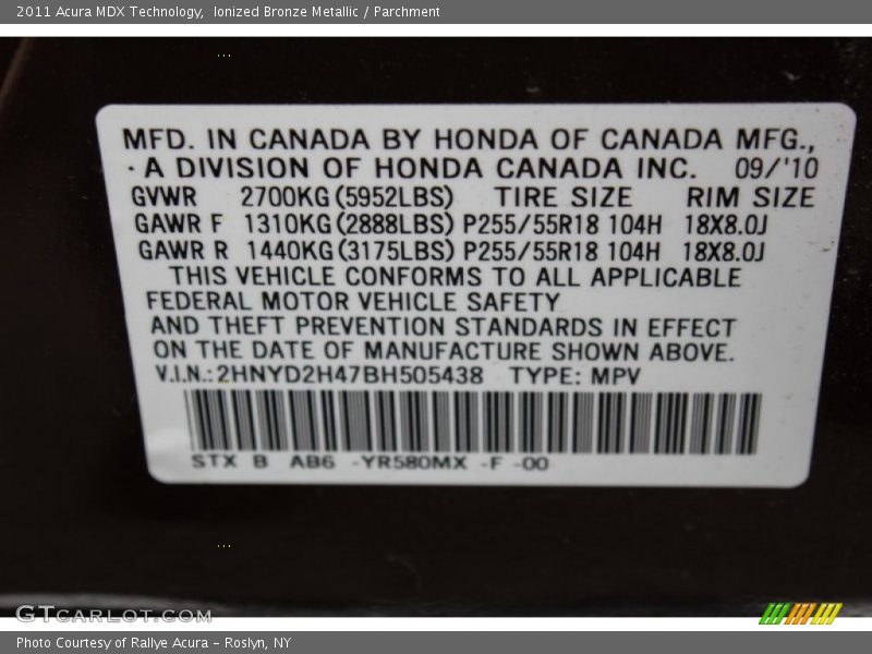 Ionized Bronze Metallic / Parchment 2011 Acura MDX Technology