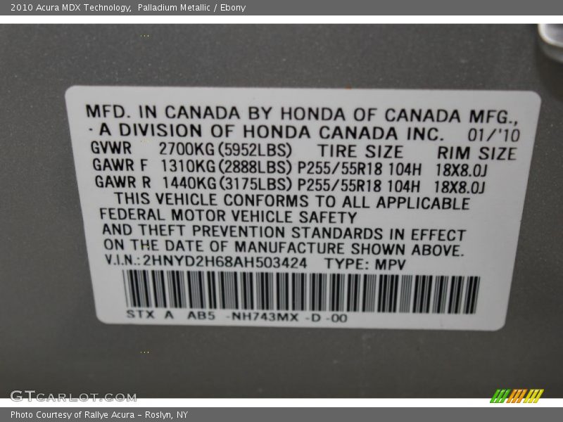 Palladium Metallic / Ebony 2010 Acura MDX Technology