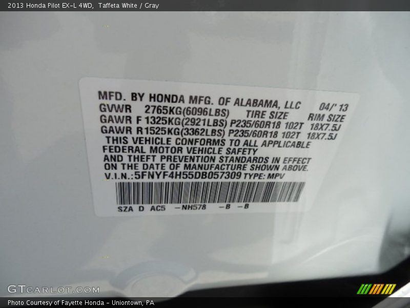 Taffeta White / Gray 2013 Honda Pilot EX-L 4WD
