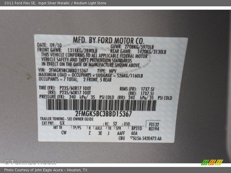 Ingot Silver Metallic / Medium Light Stone 2011 Ford Flex SE
