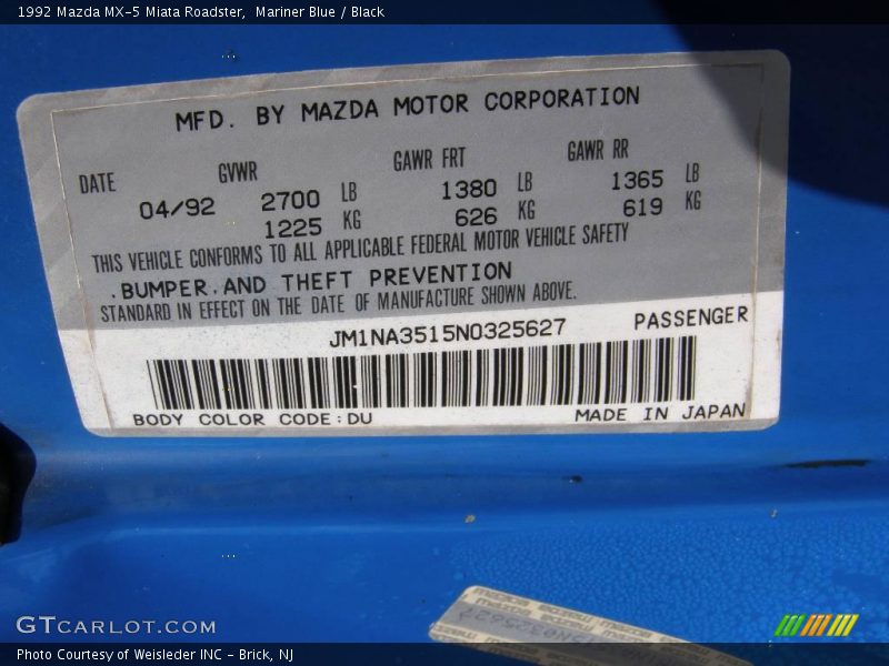 Mariner Blue / Black 1992 Mazda MX-5 Miata Roadster
