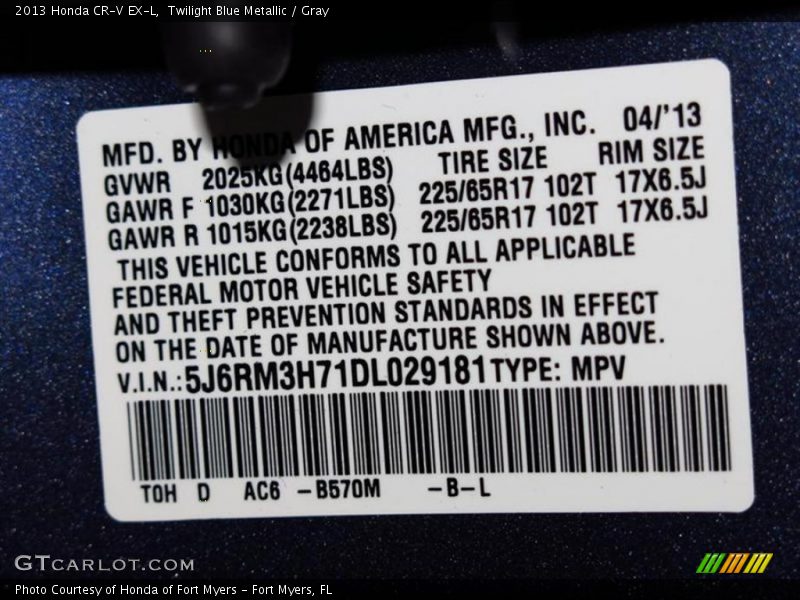 Twilight Blue Metallic / Gray 2013 Honda CR-V EX-L