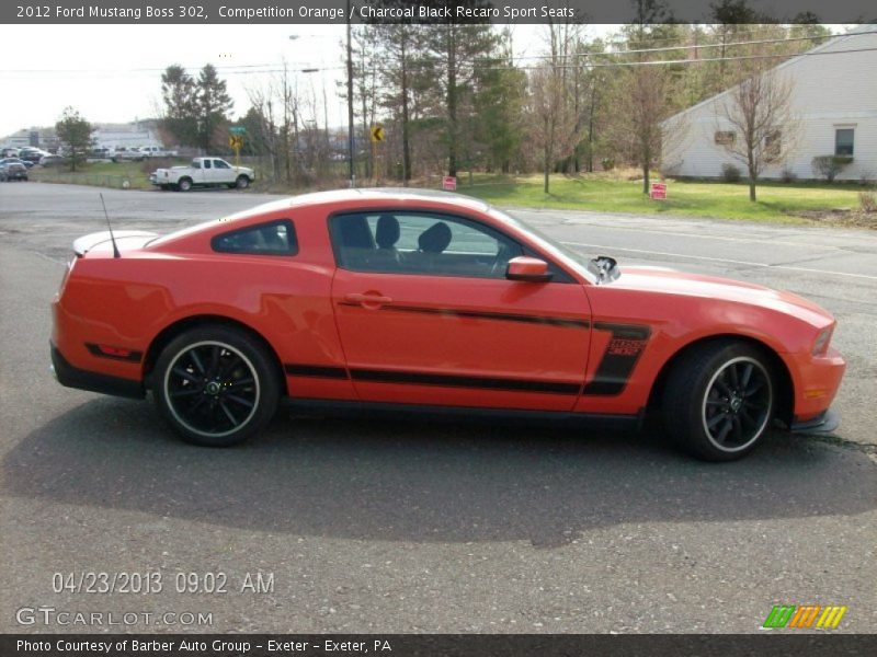 Competition Orange / Charcoal Black Recaro Sport Seats 2012 Ford Mustang Boss 302