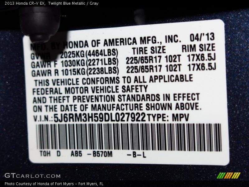 Twilight Blue Metallic / Gray 2013 Honda CR-V EX