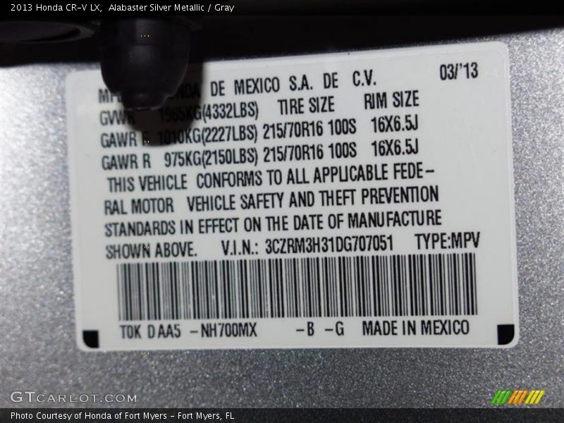Alabaster Silver Metallic / Gray 2013 Honda CR-V LX