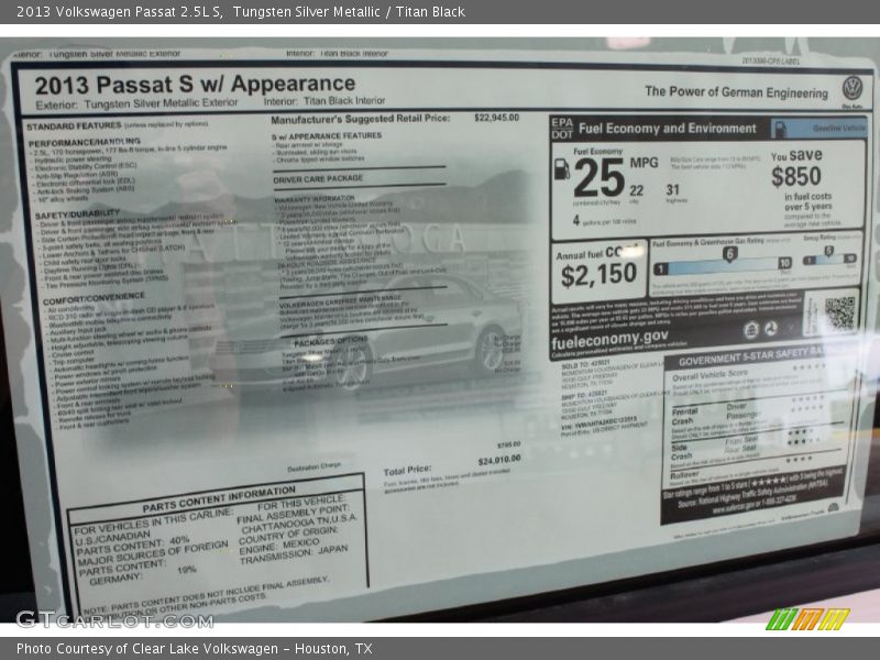 Tungsten Silver Metallic / Titan Black 2013 Volkswagen Passat 2.5L S