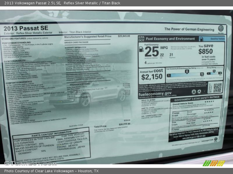 Reflex Silver Metallic / Titan Black 2013 Volkswagen Passat 2.5L SE