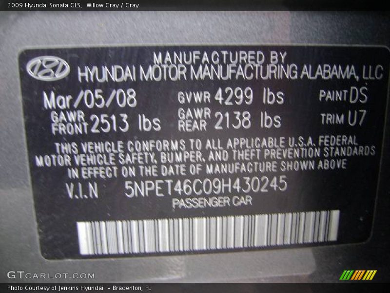 Willow Gray / Gray 2009 Hyundai Sonata GLS