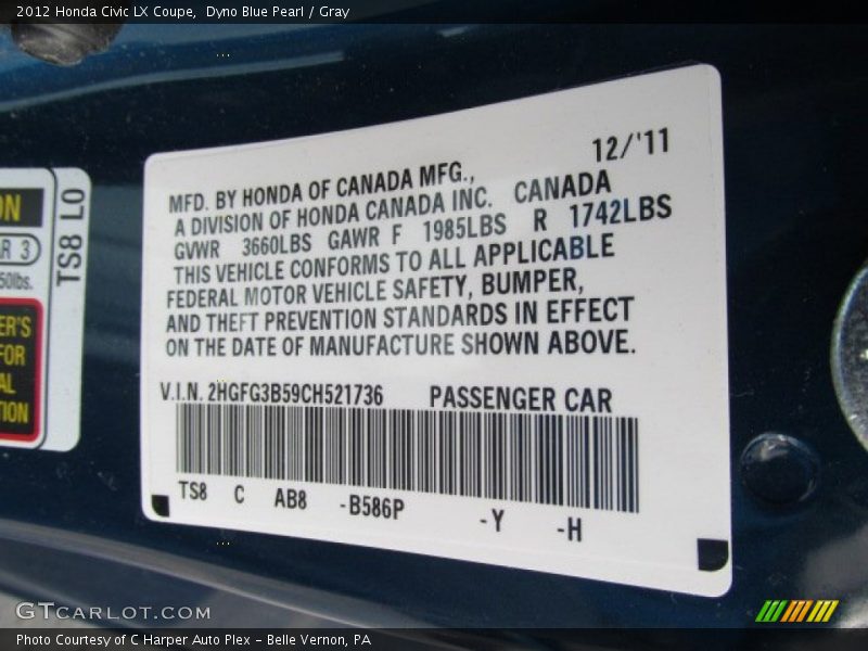 Dyno Blue Pearl / Gray 2012 Honda Civic LX Coupe