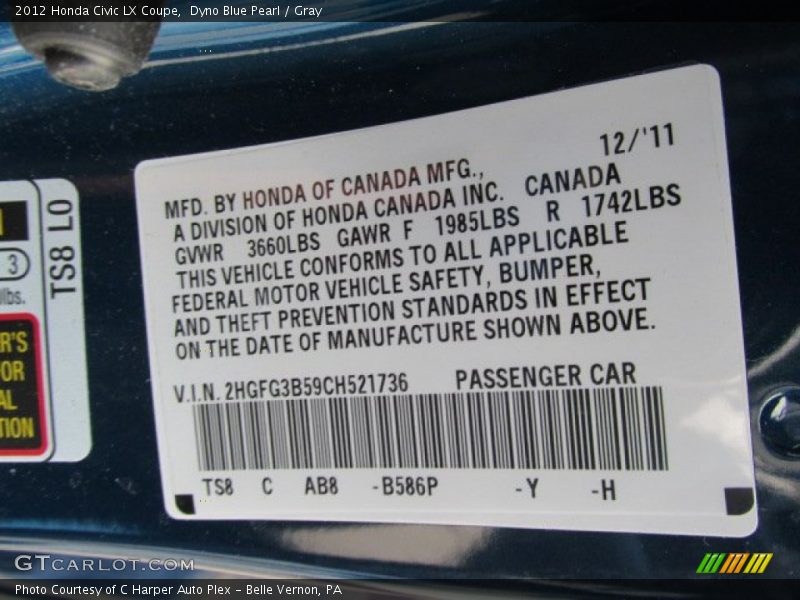 Dyno Blue Pearl / Gray 2012 Honda Civic LX Coupe