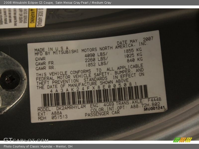 Satin Meisai Gray Pearl / Medium Gray 2008 Mitsubishi Eclipse GS Coupe