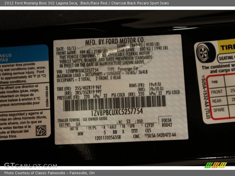 2012 Mustang Boss 302 Laguna Seca Black/Race Red Color Code UA