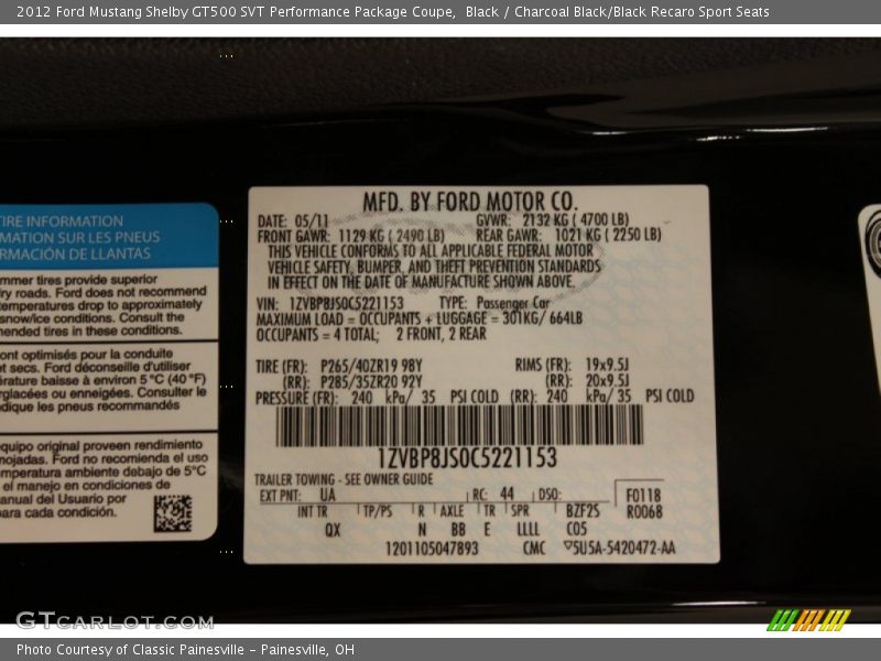 2012 Mustang Shelby GT500 SVT Performance Package Coupe Black Color Code UA