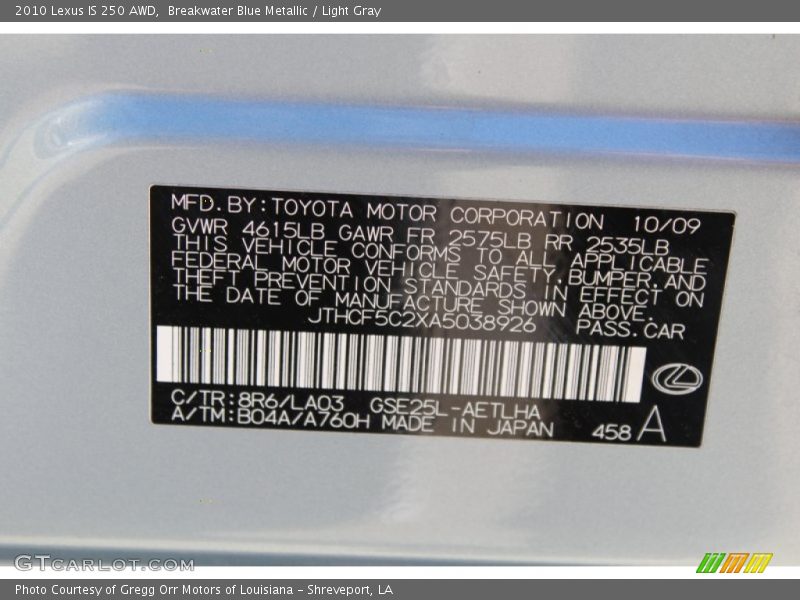 2010 IS 250 AWD Breakwater Blue Metallic Color Code 8R6