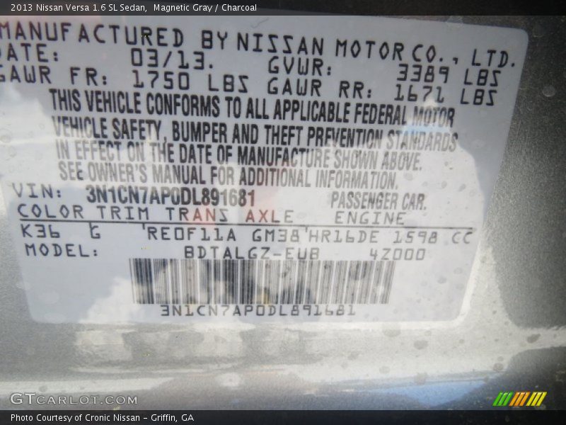 Magnetic Gray / Charcoal 2013 Nissan Versa 1.6 SL Sedan