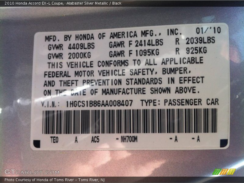 Alabaster Silver Metallic / Black 2010 Honda Accord EX-L Coupe