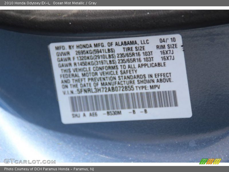 Ocean Mist Metallic / Gray 2010 Honda Odyssey EX-L