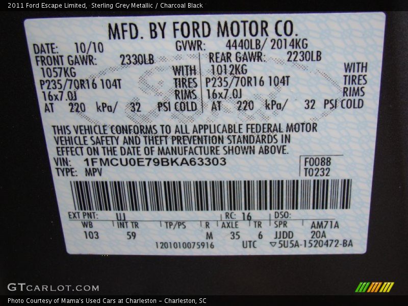 Sterling Grey Metallic / Charcoal Black 2011 Ford Escape Limited