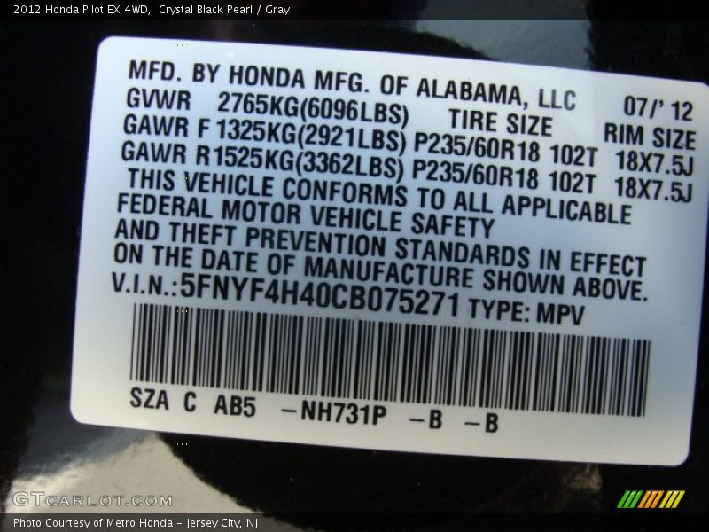 Crystal Black Pearl / Gray 2012 Honda Pilot EX 4WD