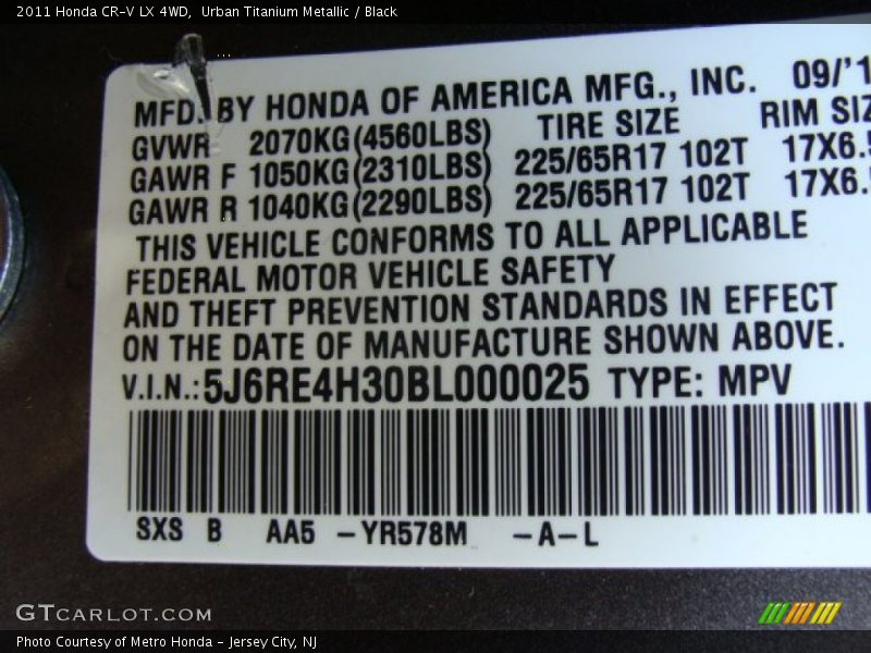 Urban Titanium Metallic / Black 2011 Honda CR-V LX 4WD