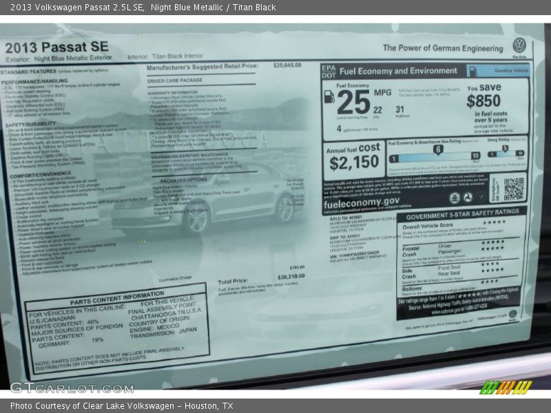 Night Blue Metallic / Titan Black 2013 Volkswagen Passat 2.5L SE