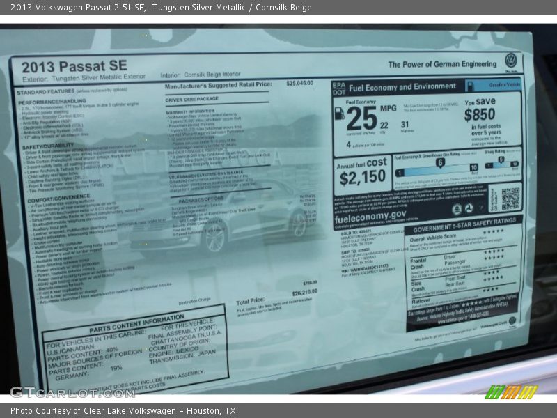 Tungsten Silver Metallic / Cornsilk Beige 2013 Volkswagen Passat 2.5L SE