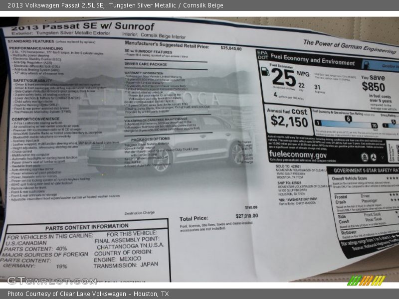 Tungsten Silver Metallic / Cornsilk Beige 2013 Volkswagen Passat 2.5L SE