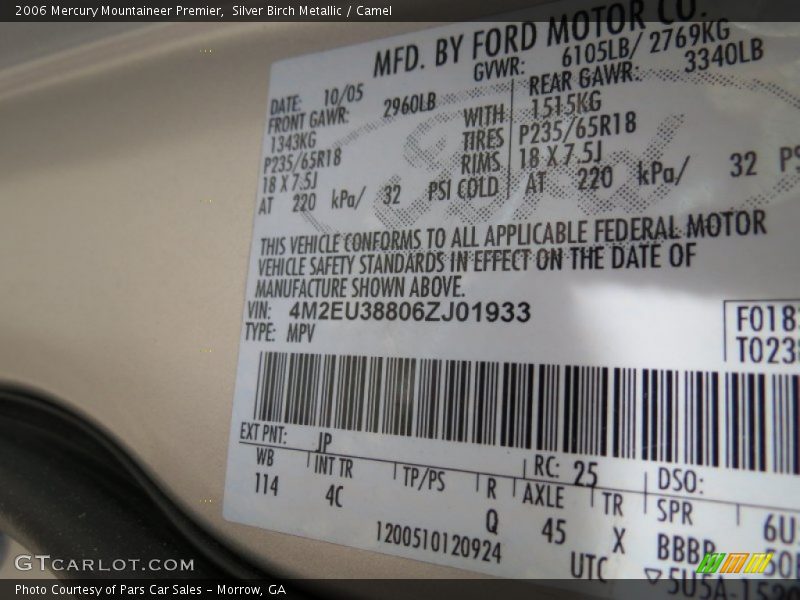 2006 Mountaineer Premier Silver Birch Metallic Color Code JP