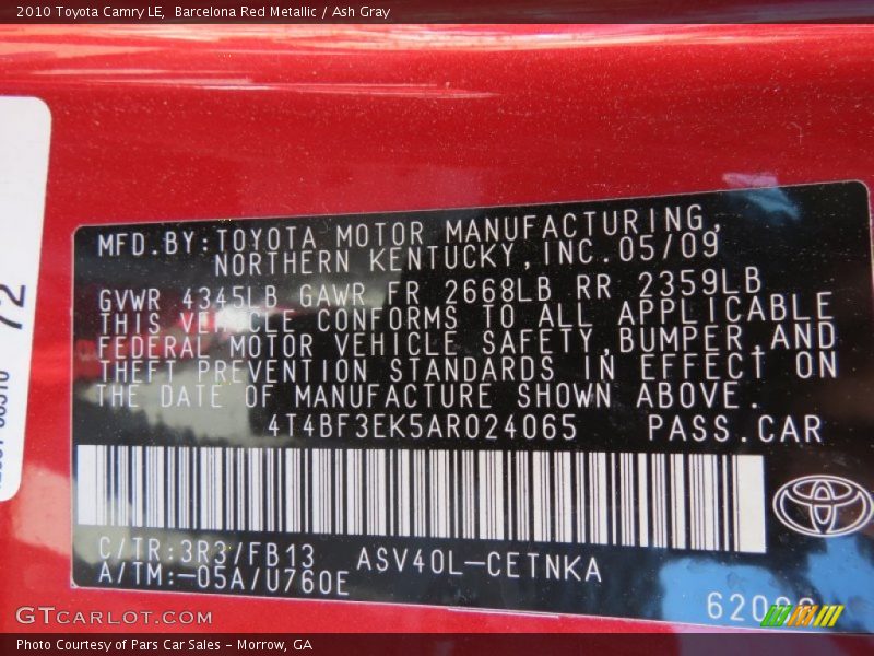 Barcelona Red Metallic / Ash Gray 2010 Toyota Camry LE