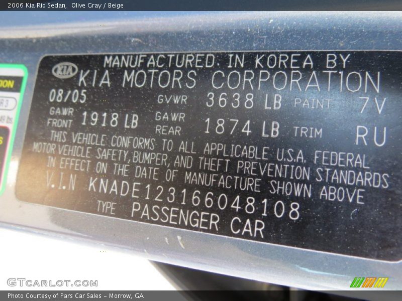 2006 Rio Sedan Olive Gray Color Code 7V