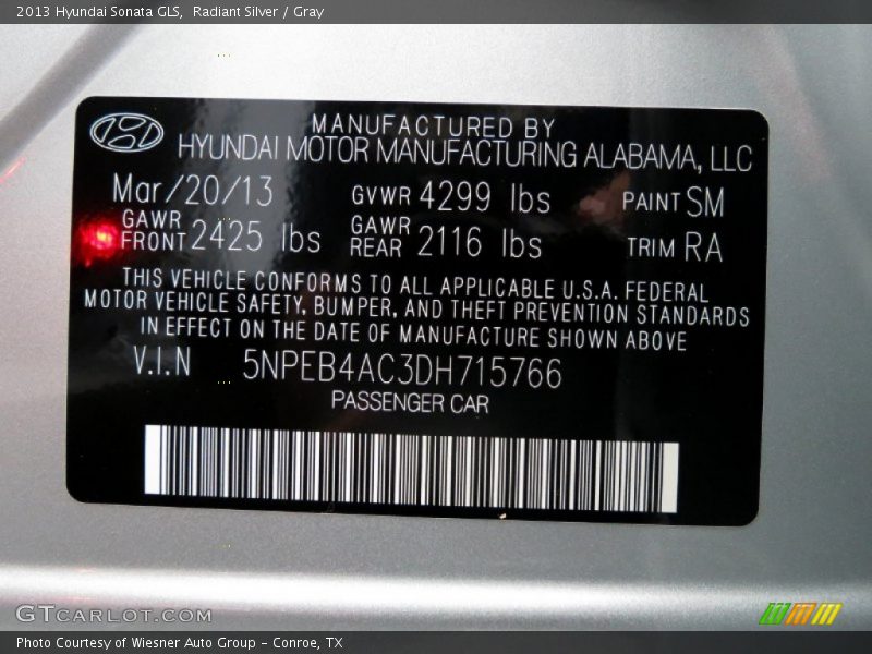 Radiant Silver / Gray 2013 Hyundai Sonata GLS