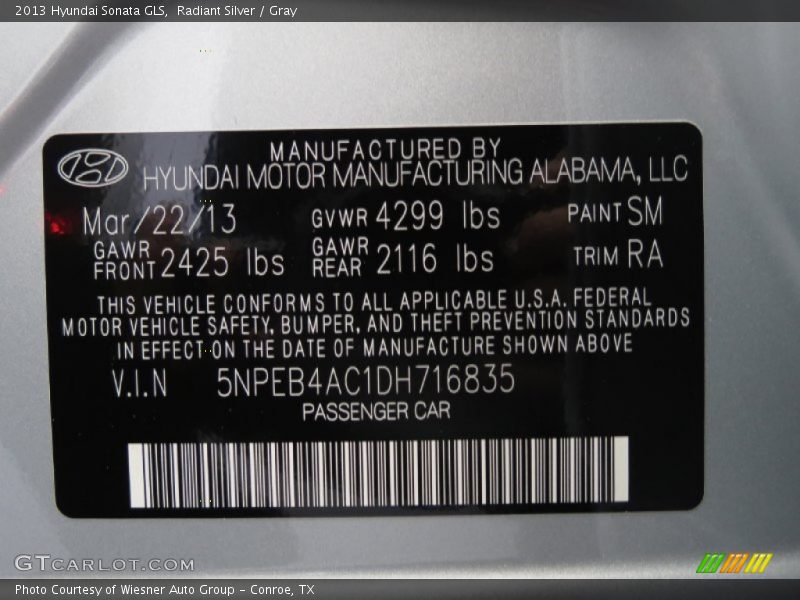 Radiant Silver / Gray 2013 Hyundai Sonata GLS