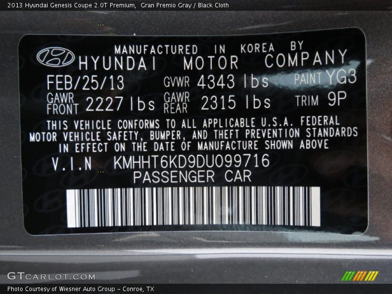 Gran Premio Gray / Black Cloth 2013 Hyundai Genesis Coupe 2.0T Premium