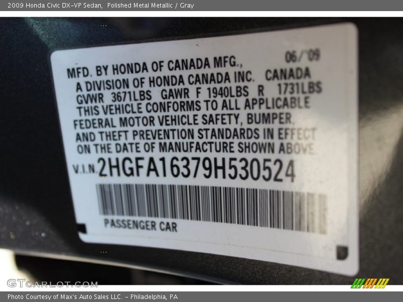 Polished Metal Metallic / Gray 2009 Honda Civic DX-VP Sedan